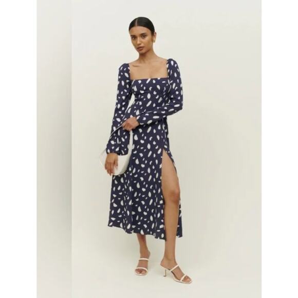 Reformation Sigmund Midi Dress Splatter Pattern Print Milkmaid Feminine Size 6 - Picture 2 of 6